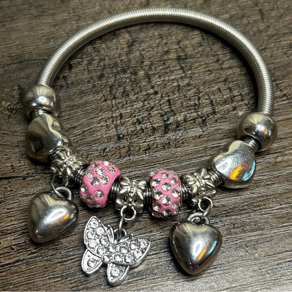 Adorable Silver and Pink Charm Stretch Bracelet - Picture 1 of 3